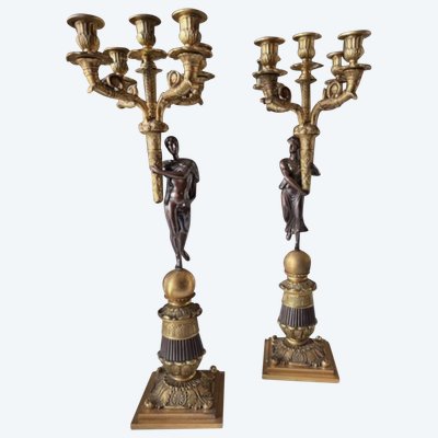 Pair of five-light bronze candelabra with double patina Empire or Restoration style