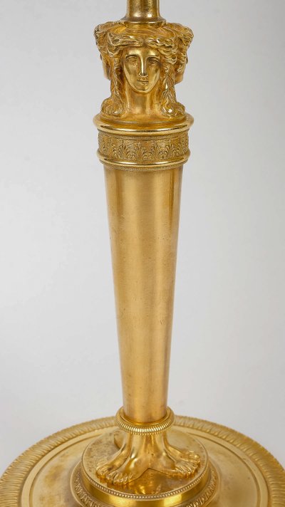 Pair of Candlesticks with Female Busts Attributed to Claude Galle Circa 1810, Mounted as Lamps