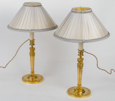 Pair of Candlesticks with Female Busts Attributed to Claude Galle Circa 1810, Mounted as Lamps