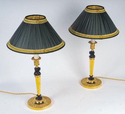 Pair of Candlesticks with Marvelous Attributed to Claude Galle Circa 1810, Mounted as Lamps