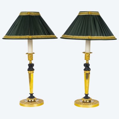 Pair of Candlesticks with Marvelous Attributed to Claude Galle Circa 1810, Mounted as Lamps