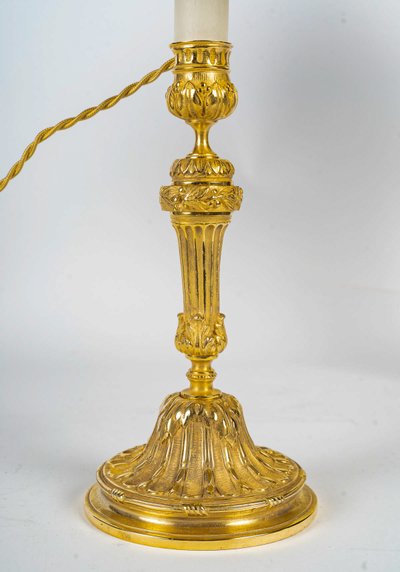 Pair of Louis XVI Style Candlesticks Circa 1820 in Chiseled Bronze, Mounted as Lamps