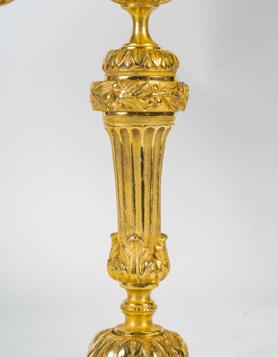 Pair of Louis XVI Style Candlesticks Circa 1820 in Chiseled Bronze, Mounted as Lamps