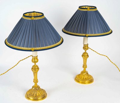 Pair of Louis XVI Style Candlesticks Circa 1820 in Chiseled Bronze, Mounted as Lamps