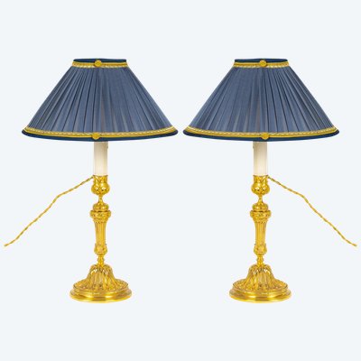 Pair of Louis XVI Style Candlesticks Circa 1820 in Chiseled Bronze, Mounted as Lamps