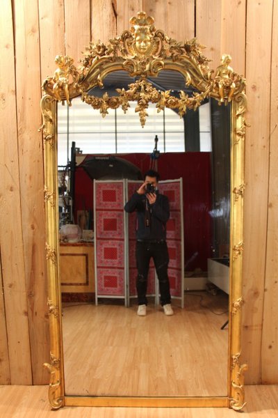 Large Napoleon III Gilded Wood Mirror With Putti And Mascaron