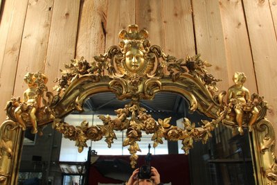 Large Napoleon III Gilded Wood Mirror With Putti And Mascaron