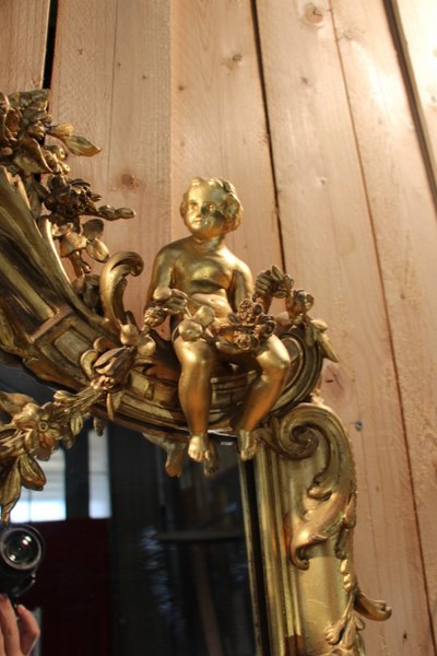 Large Napoleon III Gilded Wood Mirror With Putti And Mascaron