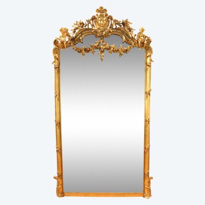 Large Napoleon III Gilded Wood Mirror With Putti And Mascaron