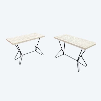Deux Consoles En Métal Laqué , Plateaux En Travertin, Circa 1950/1960