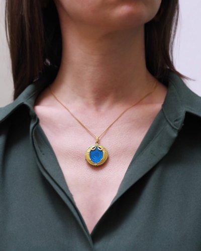Médaillon émail bleu Napoléon III en or 18k, pendentif émaillé en or, émail guilloché, bleu, Bijoux 