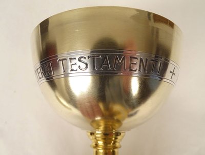 Chalice Paten Silver Vermeillé Minerve Maison Evellin Rennes Crucifixion XXth century