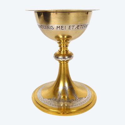 Chalice Paten Silver Vermeillé Minerve Maison Evellin Rennes Crucifixion XXth century