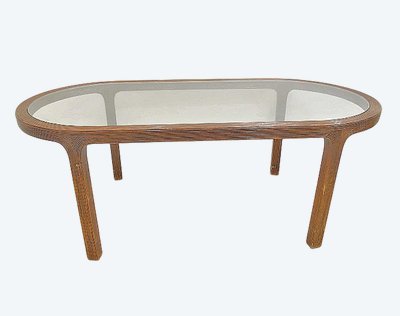Grande Table De Salle à Manger En Rotin, Dessus Verrecirca 1970/1980  (ht.76 X 210 X 100cm)