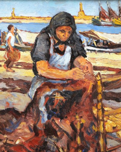 French School Circa 1940-1950, Woman Mending A Net On The Quayside Of A Port In Portugal