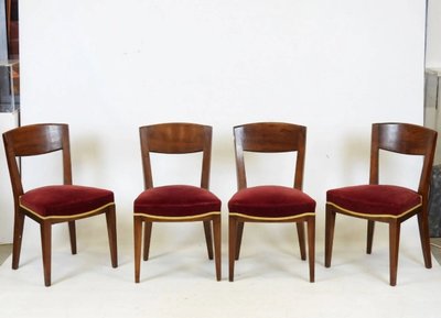 Eugène Printz , Suite Von 4 Art Deco Stühlen In Kirschbaum Circa 1940