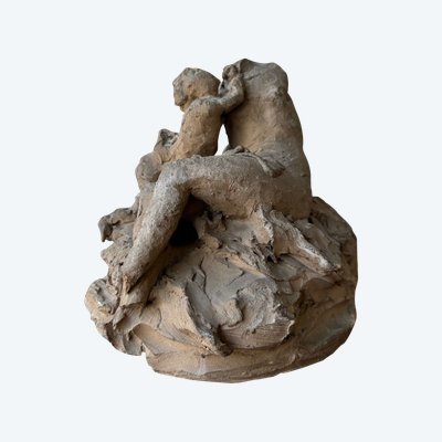 Calco in gesso di laboratorio di Ch. Filleul, bambino che abbraccia una donna nuda, XX secolo