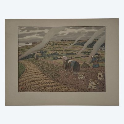 Lithographie par Henri Rivière Au Vent de Noroît - Le Travail des Champs