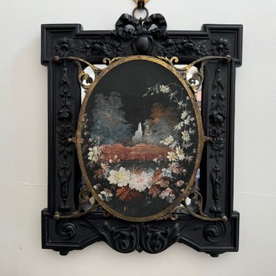Trittico in ebanite di Napoleone III che forma uno specchio centrale a bouquet dipinto