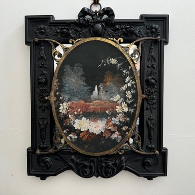 Trittico in ebanite di Napoleone III che forma uno specchio centrale a bouquet dipinto