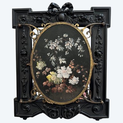 Trittico in ebanite di Napoleone III che forma uno specchio centrale a bouquet dipinto