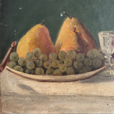 Olio su tela natura morta con frutta e caraffa XX secolo di M. Cozenat
