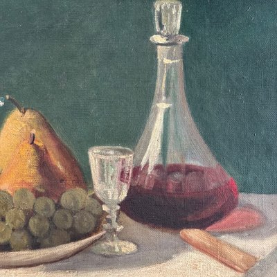 Olio su tela natura morta con frutta e caraffa XX secolo di M. Cozenat