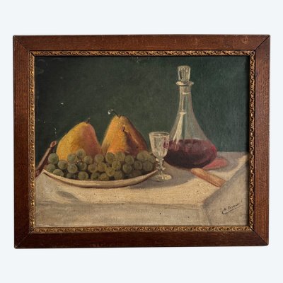 Olio su tela natura morta con frutta e caraffa XX secolo di M. Cozenat