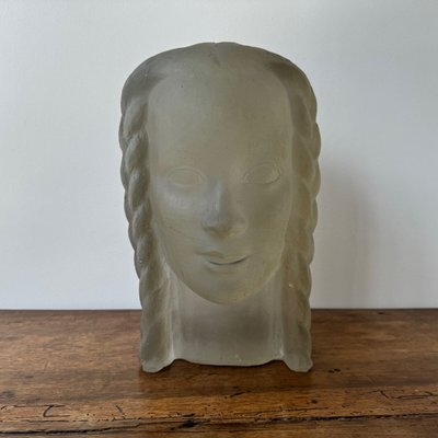 Scultura di Lucien Lafaye, volto femminile in vetro modellato, circa 1950
