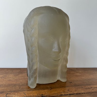 Scultura di Lucien Lafaye, volto femminile in vetro modellato, circa 1950
