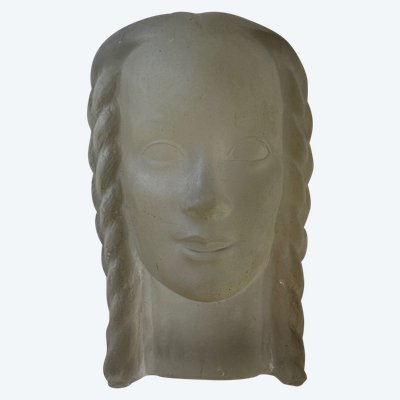 Scultura di Lucien Lafaye, volto femminile in vetro modellato, circa 1950