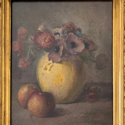 Aquarelle nature morte bouquet de fleurs XIXe par L.A. Rigault