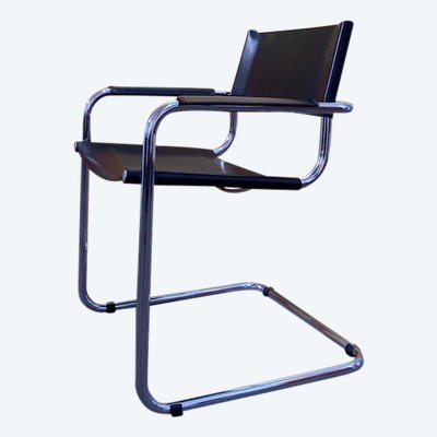 Fauteuil en cuir noir et chrome - Edition des années 80