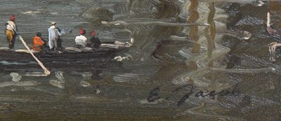E. JACOB (19. - 20. Jh.) Öl auf Leinwand Ansicht von Venedig mit Gondeln