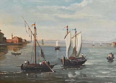 E. JACOB (19. - 20. Jh.) Öl auf Leinwand Ansicht von Venedig mit Gondeln
