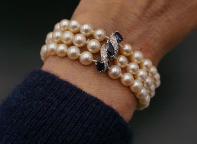 3 Row Cultured Pearl, Sapphire & Diamond Bracelet.