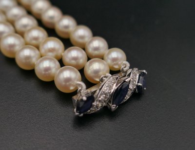 3 Row Cultured Pearl, Sapphire & Diamond Bracelet.