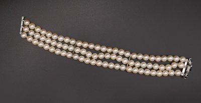 3 Row Cultured Pearl, Sapphire & Diamond Bracelet.