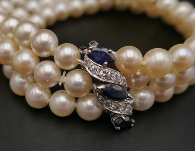 3 Row Cultured Pearl, Sapphire & Diamond Bracelet.