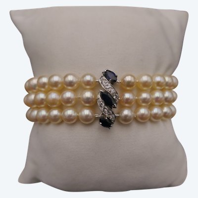 3 Row Cultured Pearl, Sapphire & Diamond Bracelet.