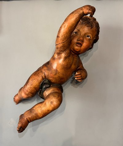 Putto aus geschnitztem Holz polychrom Italien 17. Jahrhundert H60