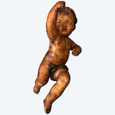 Putto aus geschnitztem Holz polychrom Italien 17. Jahrhundert H60