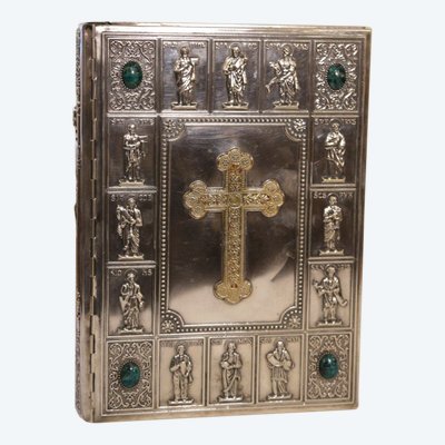 Couverture de bible  en métal argenté 