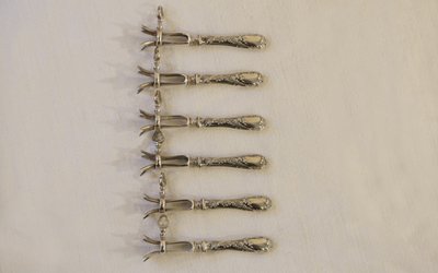  Set aus 6 Kotelettzangen Massivsilber