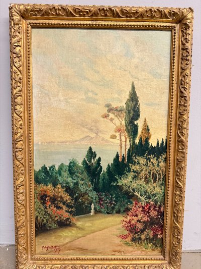 Antikes Ölgemälde auf Tafel Neapel, Vesuv 1947, Gallotti, 58x37 cm