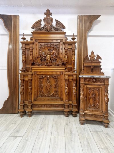 Antique Italian Reniassance Bed Heavily Carved Walnut