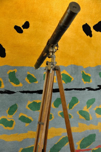 Blackened brass spyglass on wooden tripod 19th century period