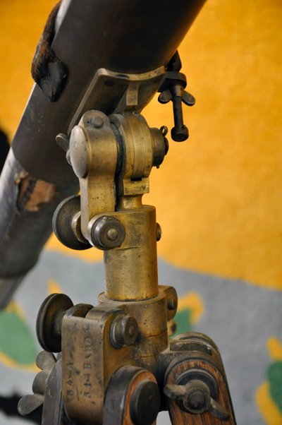 Blackened brass spyglass on wooden tripod 19th century period