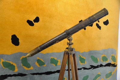 Blackened brass spyglass on wooden tripod 19th century period