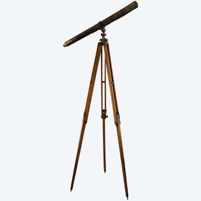 Blackened brass spyglass on wooden tripod 19th century period
